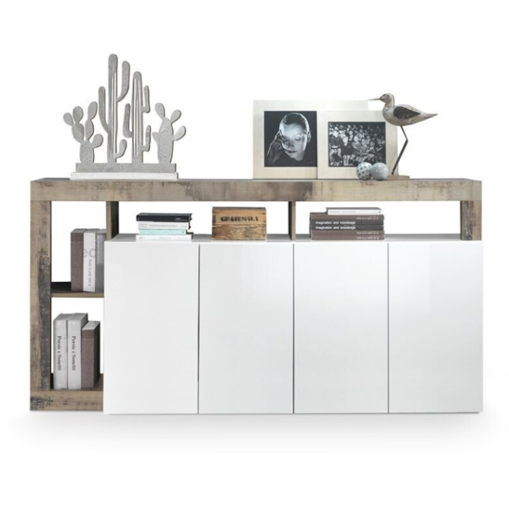 Buffet HAMBURG 4 portes – Blanc laqué brillant / Chêne Cadiz